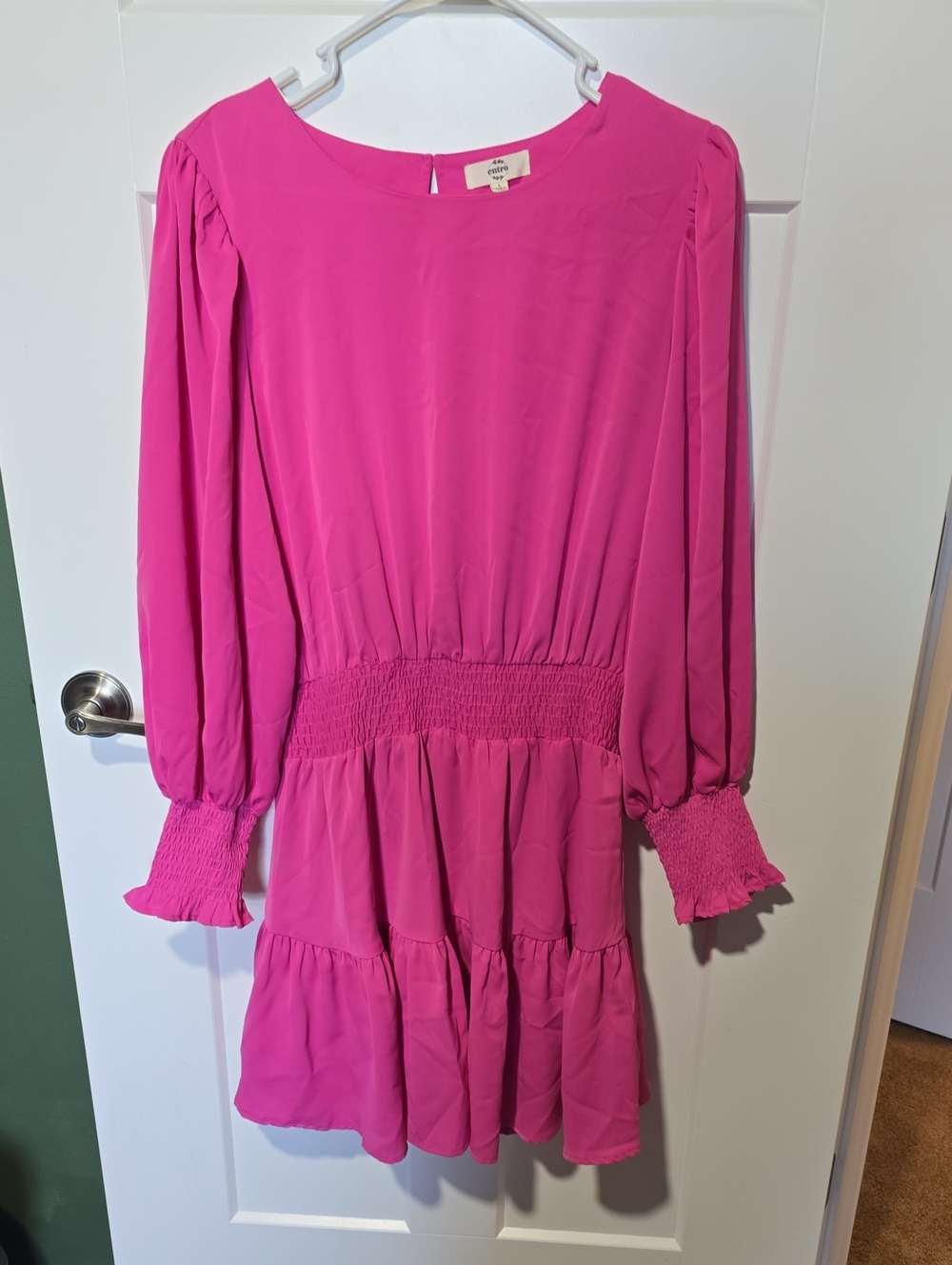 entro Bright Fuchsia Long-Sleeve Smocked-Waist Tiered Dress